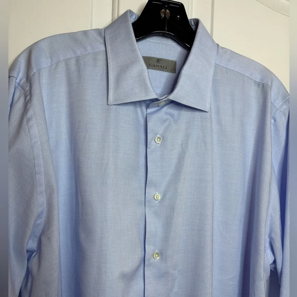 EUC CANALI Men's Light Blue Tiny Checkered Dress Shirt size 44 17.5 - Picture 8 of 10